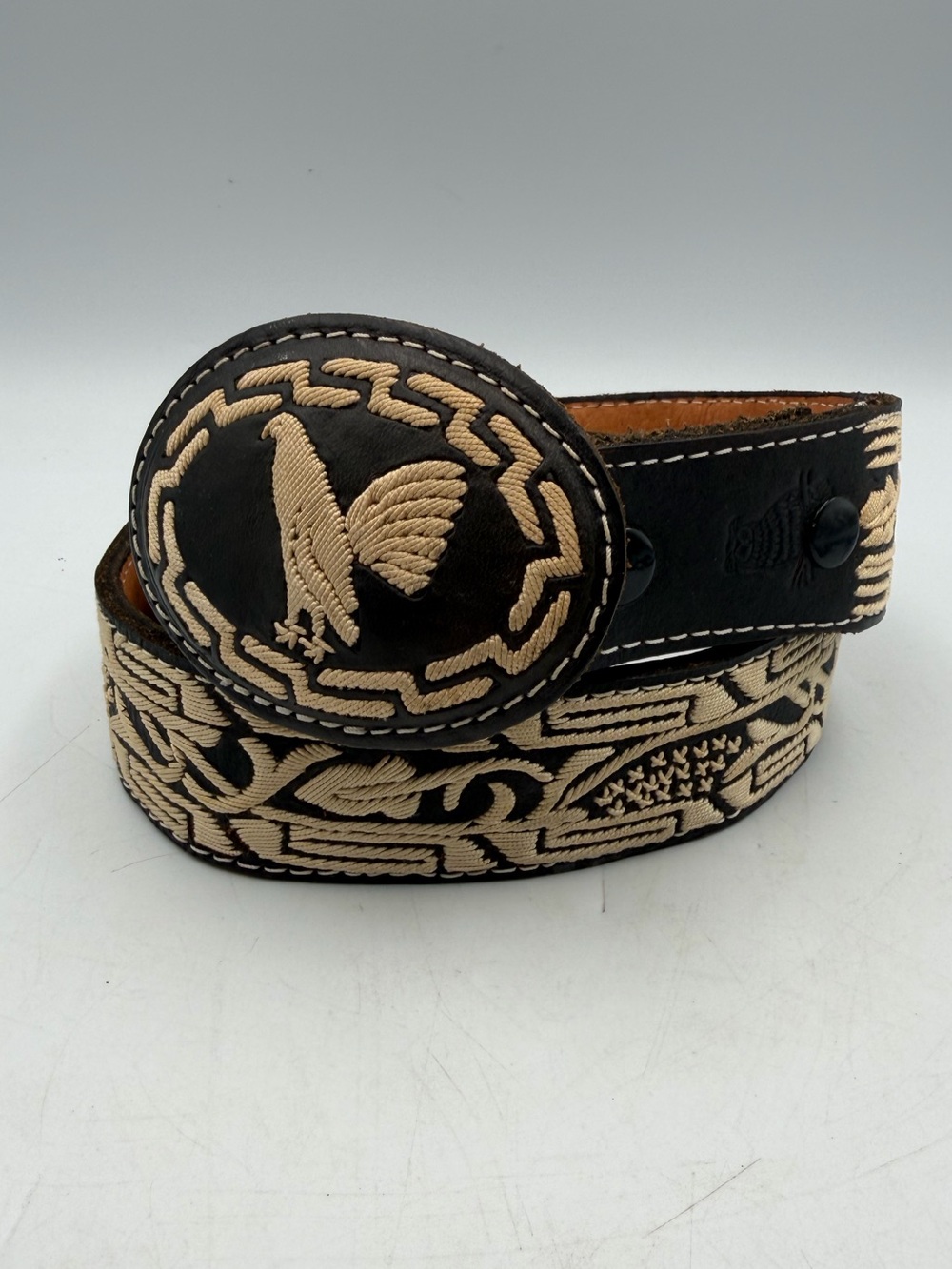 Vintage Mexican Leather Belt Eagle Embroidered Western Size 32